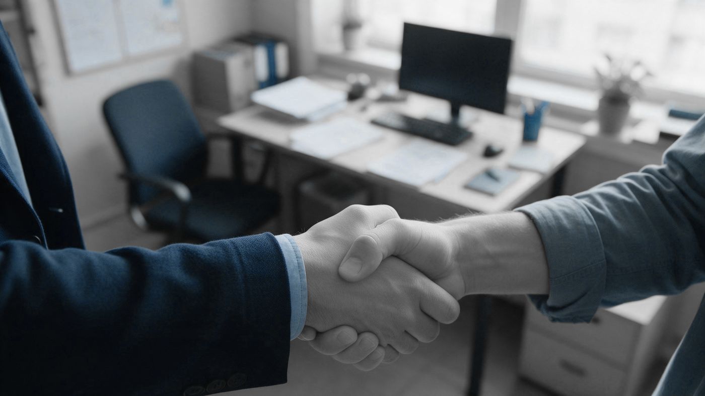 Aperto de mão entre consultor e dono de empresa