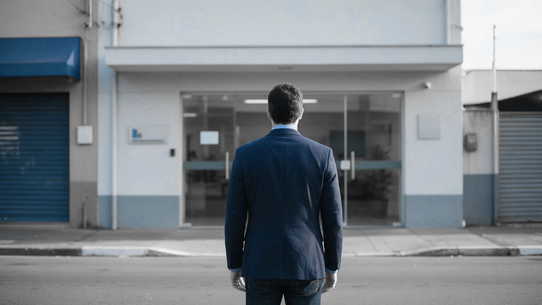 Consultor de blazer azul-marinho, de costas, diante da entrada de uma empresa