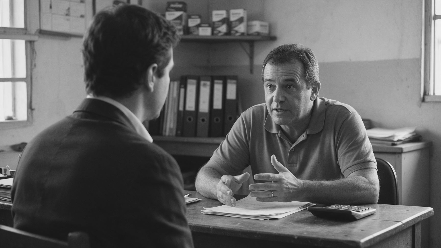 Dono de pequena empresa falando com um consultor do outro lado da mesa